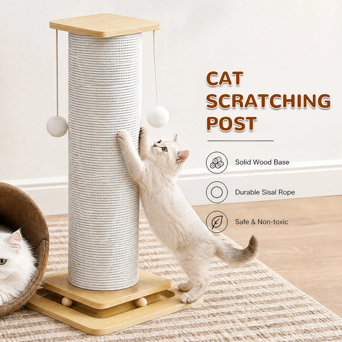 Tall Sisal Cat Scratching Post – Stable Wood Base & Toys