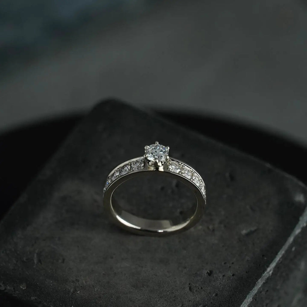 6mm Round Cut Moissanite Engagement Ring | Solitaire with Pave Side Stones | Gold or Silver Bridal Wedding Fine Jewelry OEM