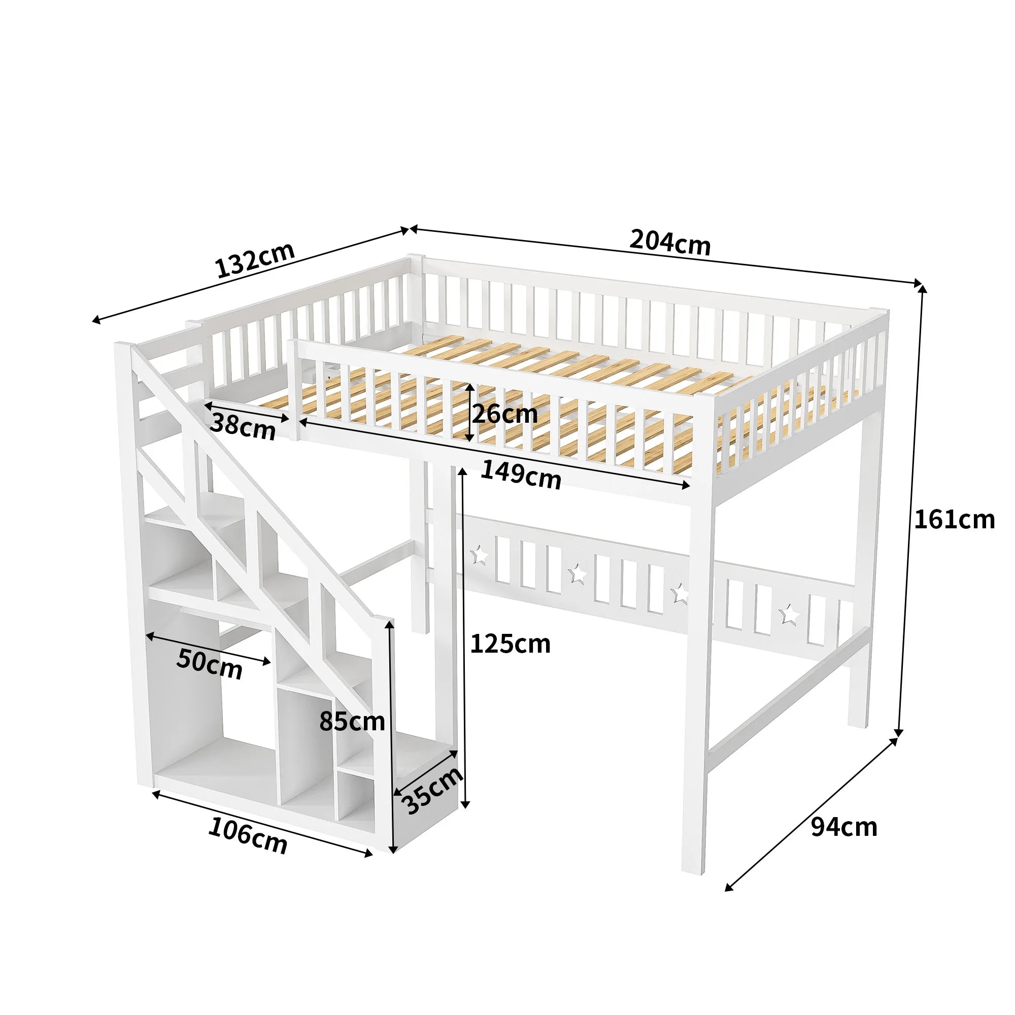 Rosahqnda children's high bed 90x200 cm 140x200 cm, children's bed with crash protection, stair, storage space, bunk bed, solid wood