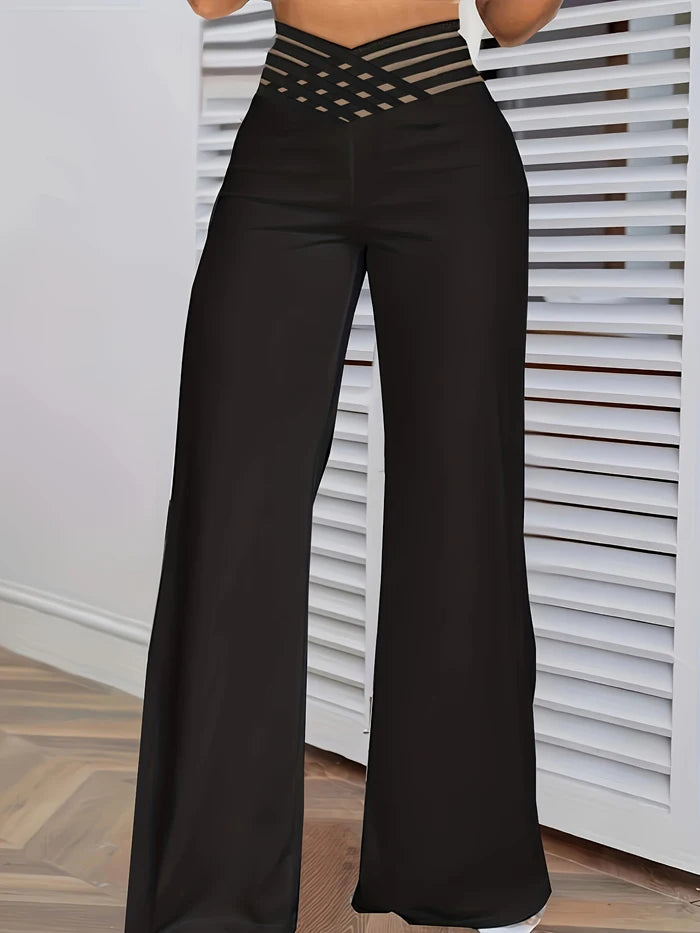 Women Wide Leg Flared Pants 2024 New Y2k Casual Crisscross Sheer Mesh Patch High Waist Trousers Elegant Streetwear Work Pants