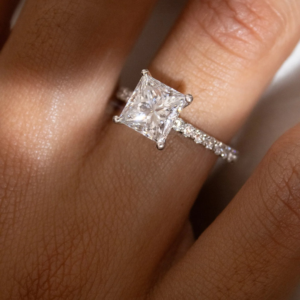 Princess Cut 9mm Moissanite Engagement Ring With Pave Band White Gold Plated Four Prong Wedding Fine Jewelry For Women