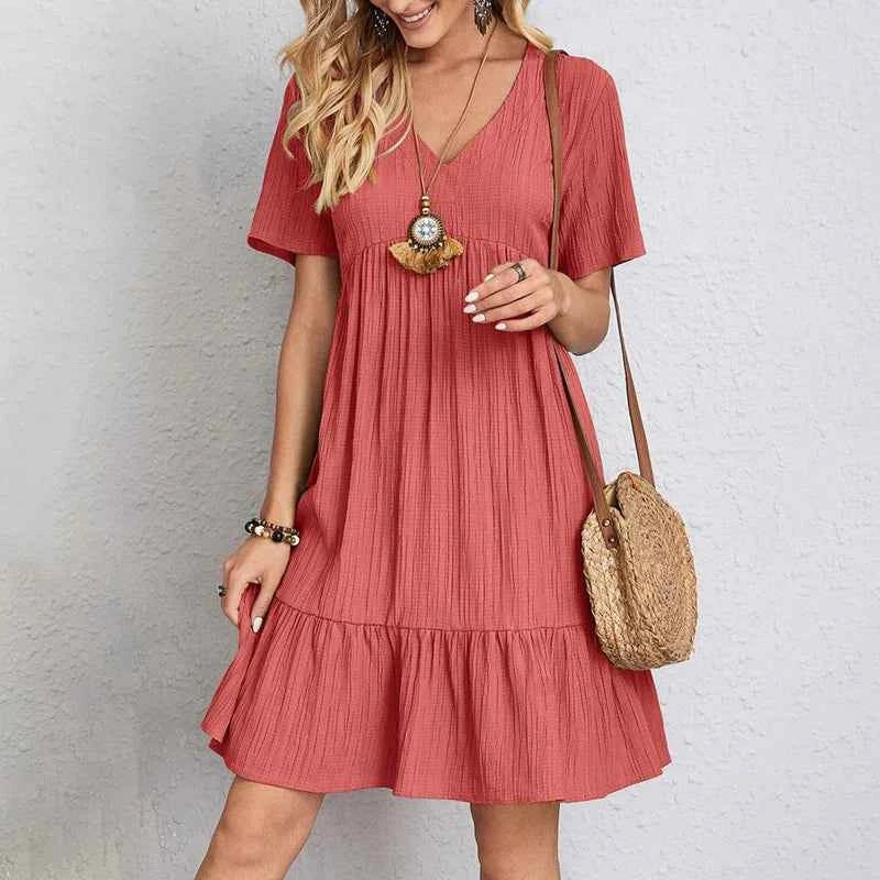 Summer Casual Women Elegant Short Sleeve V Neck Ruffles Dress Solid Loose Mini Dress Chic Bohemian Sundress Beach Party Vestidos