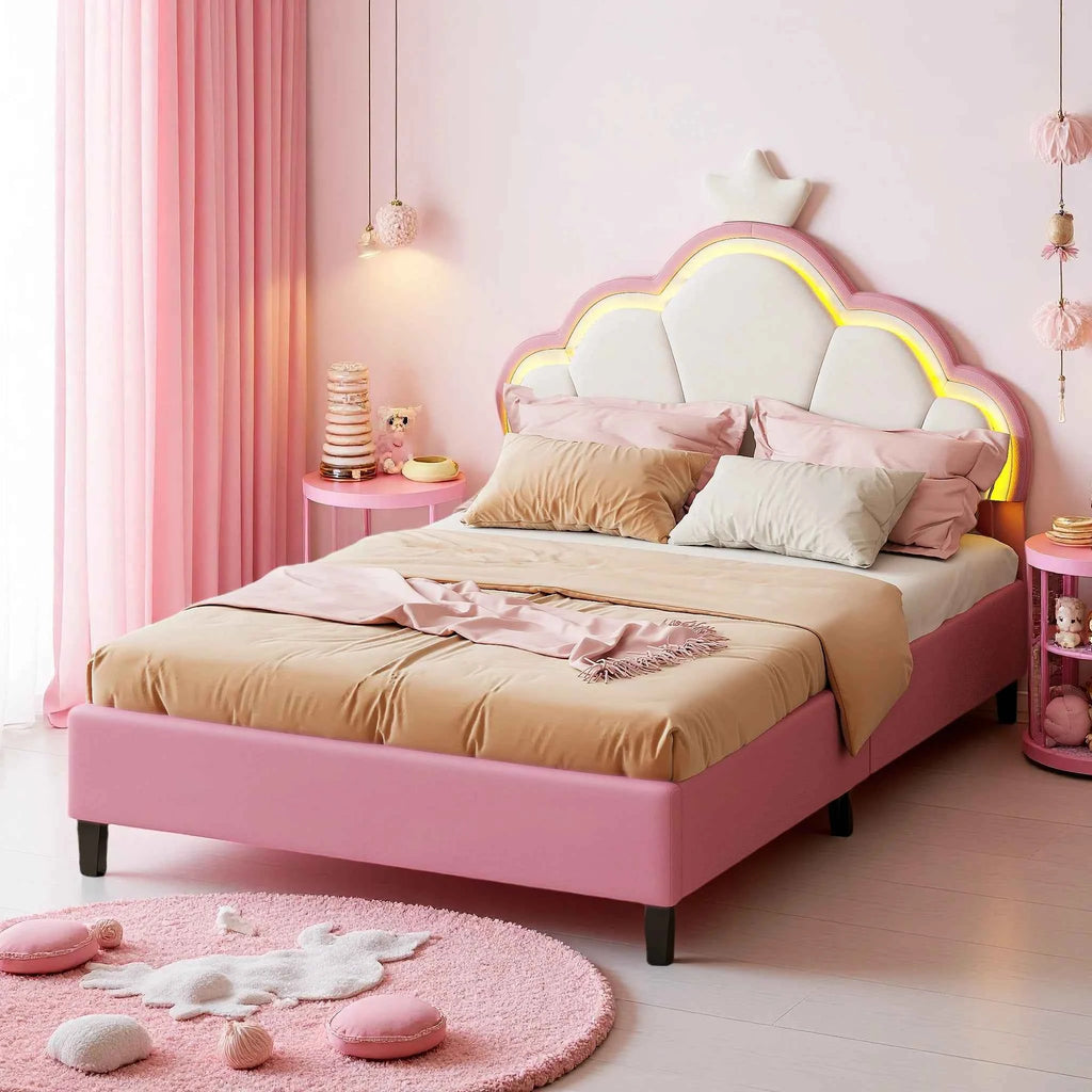 Children's bed 90x200 cm, Princess Crown-shaped bed with Adjustable bed Head, Girl bed with LED, Single bed, Pink