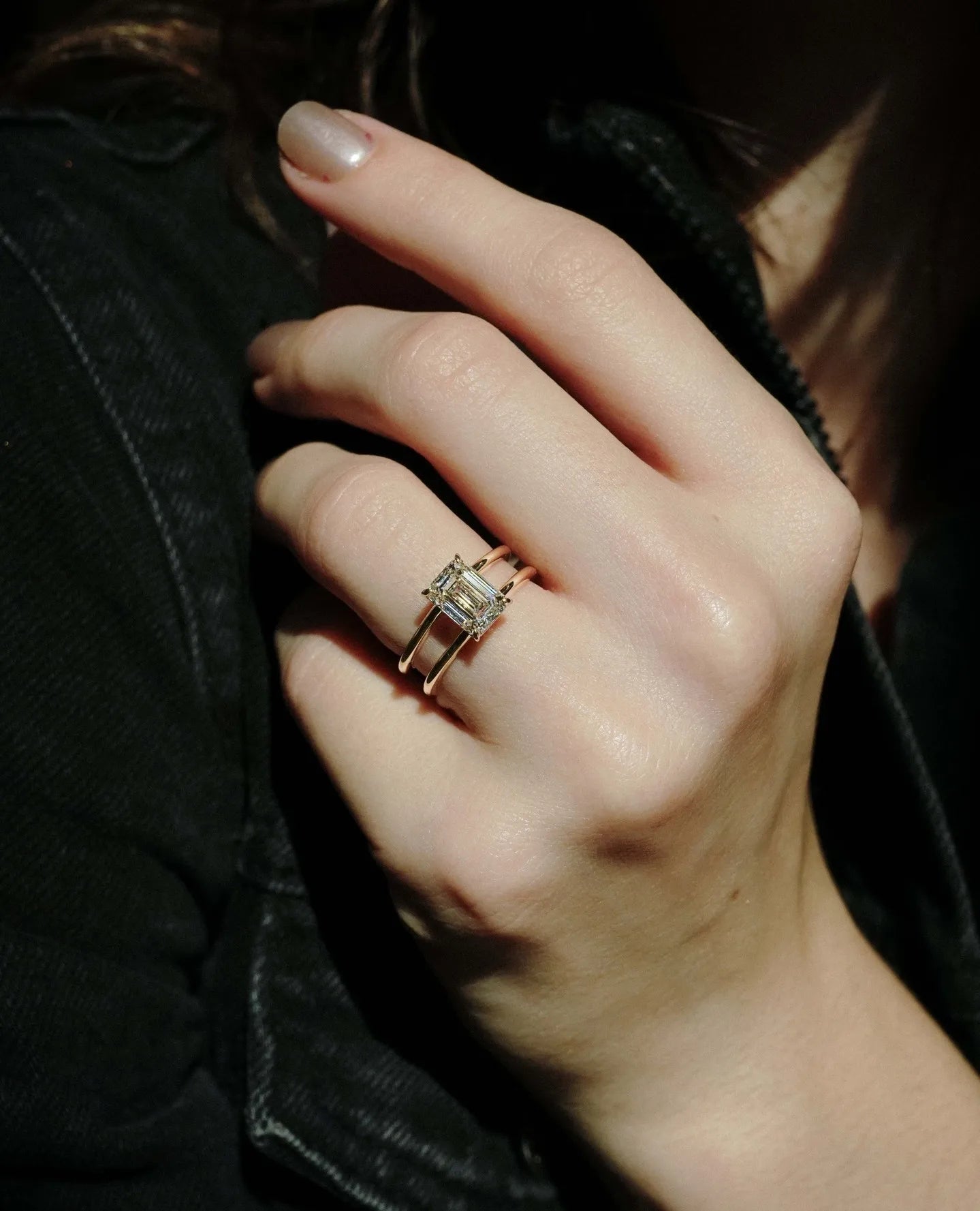 6x9 mm emerald cut moissanite solitaire dual band ring modern double band engagement jewelry