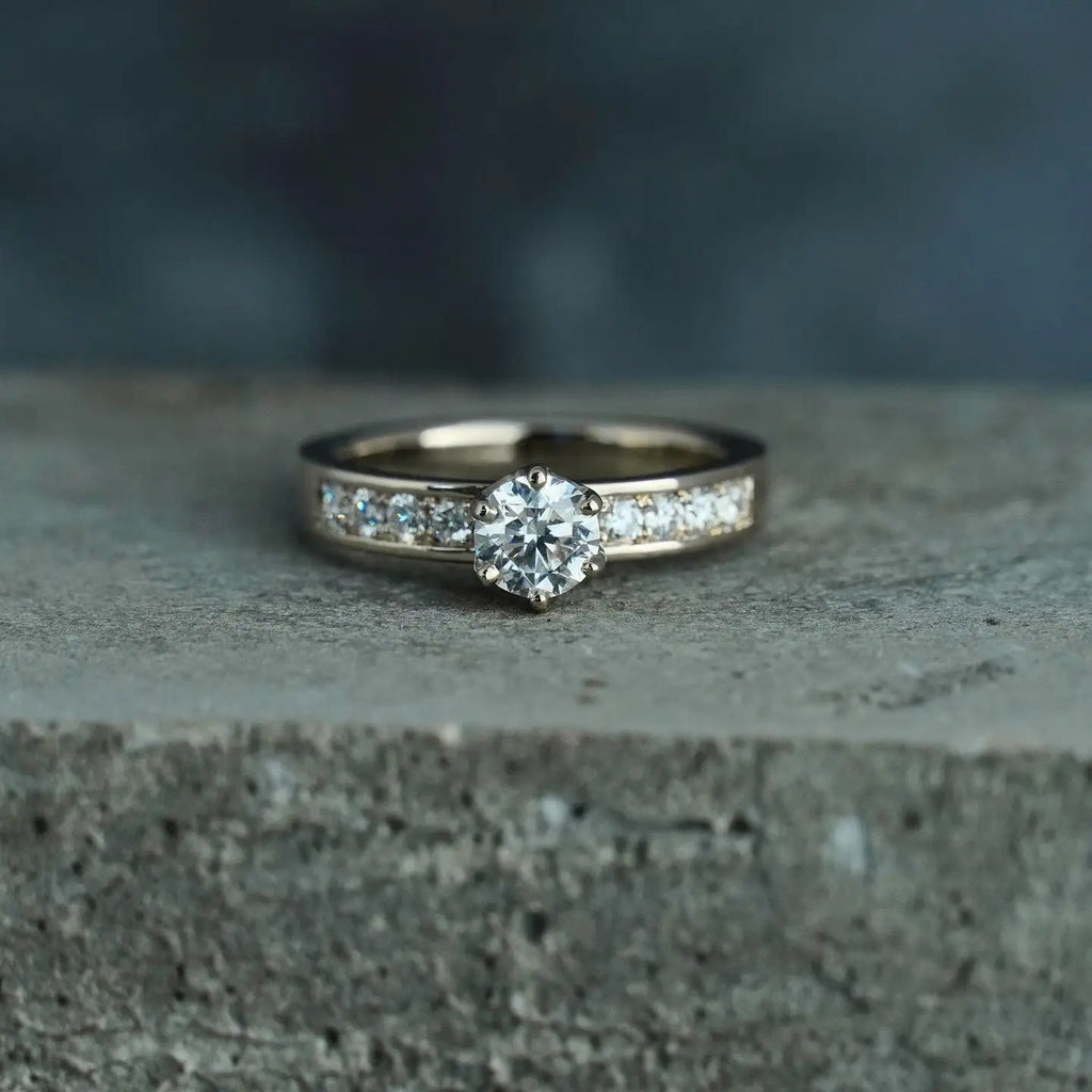 6mm Round Cut Moissanite Engagement Ring | Solitaire with Pave Side Stones | Gold or Silver Bridal Wedding Fine Jewelry OEM