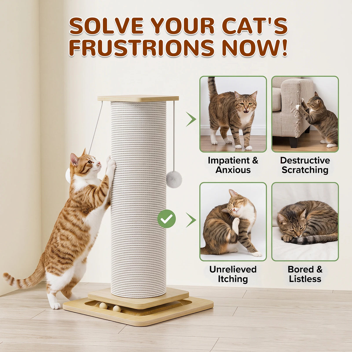 Tall Sisal Cat Scratching Post – Stable Wood Base & Toys