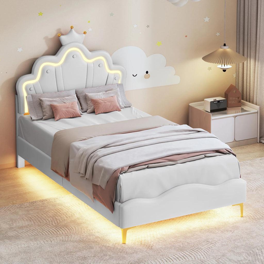 Comanlai Children's Bed  90x200cm with LED Light and Crown-shaped Headboard,Upholstered Bed with Slatted Frame,PU Leather,Pink