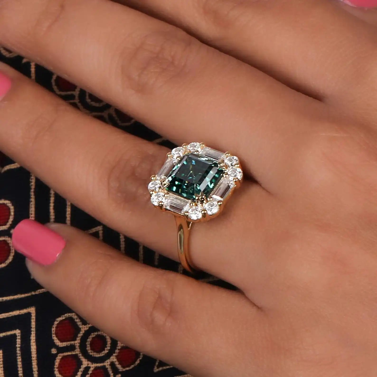 2.00 CT Green Asscher Baguette Cut Engagement Ring Lab grown Diamond Halo 14K Gold Prong Setting Trendy Wedding Gift for Women