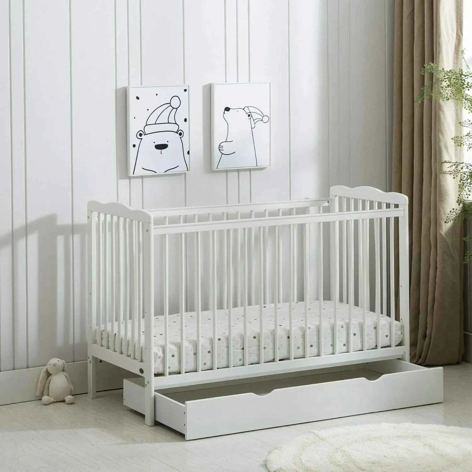 mcc direct Brooklyn Baby Cot Crib with Water Repellent Mattress & Wheeled Drawer & Safety Wooden Barrier - 125 X 85 X 66 CM