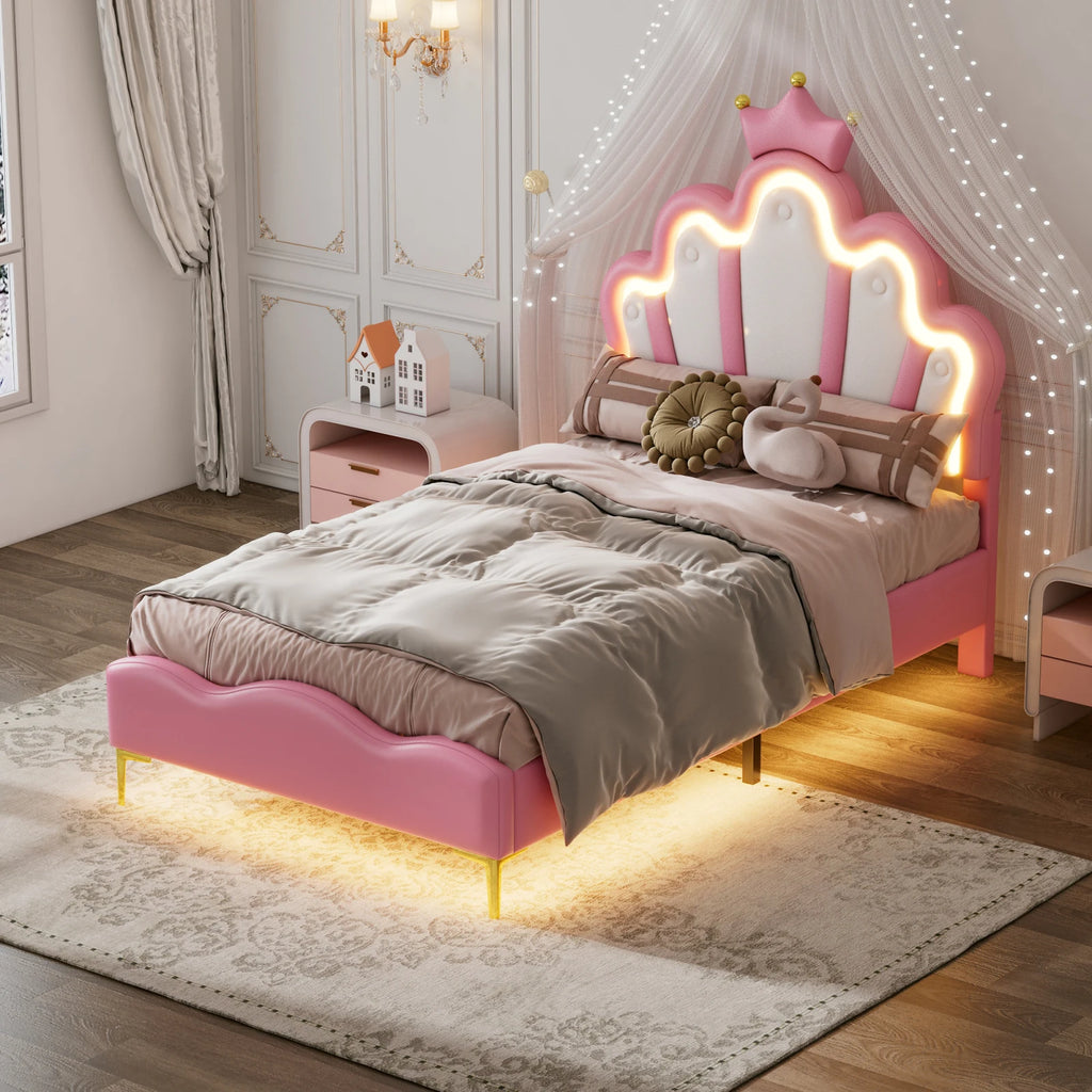 Rosahqnda Children's bed girls Single bed Double Bed Children bed Princess Crown Shape bed Adjustable Headboard