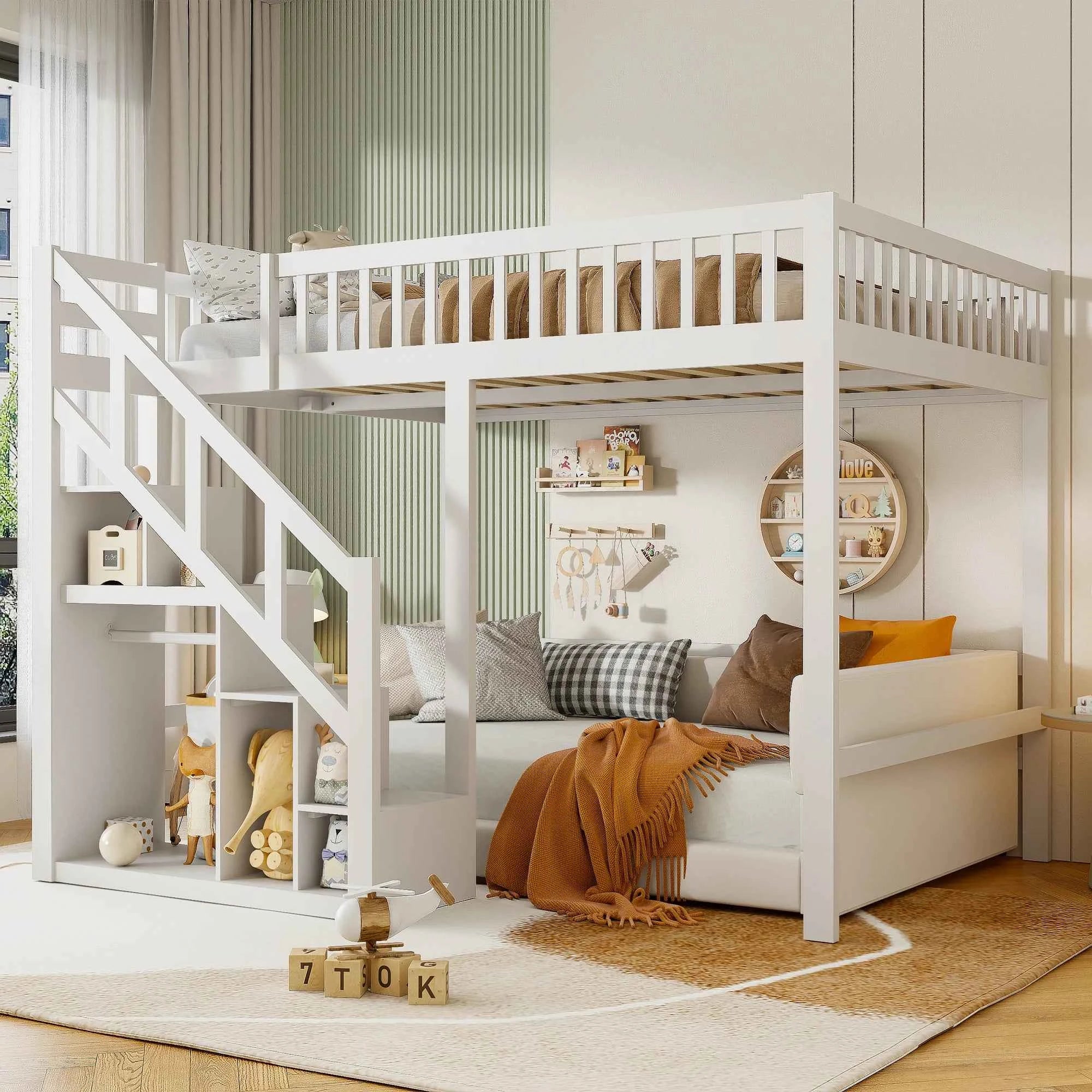 Rosahqnda children's high bed 90x200 cm 140x200 cm, children's bed with crash protection, stair, storage space, bunk bed, solid wood