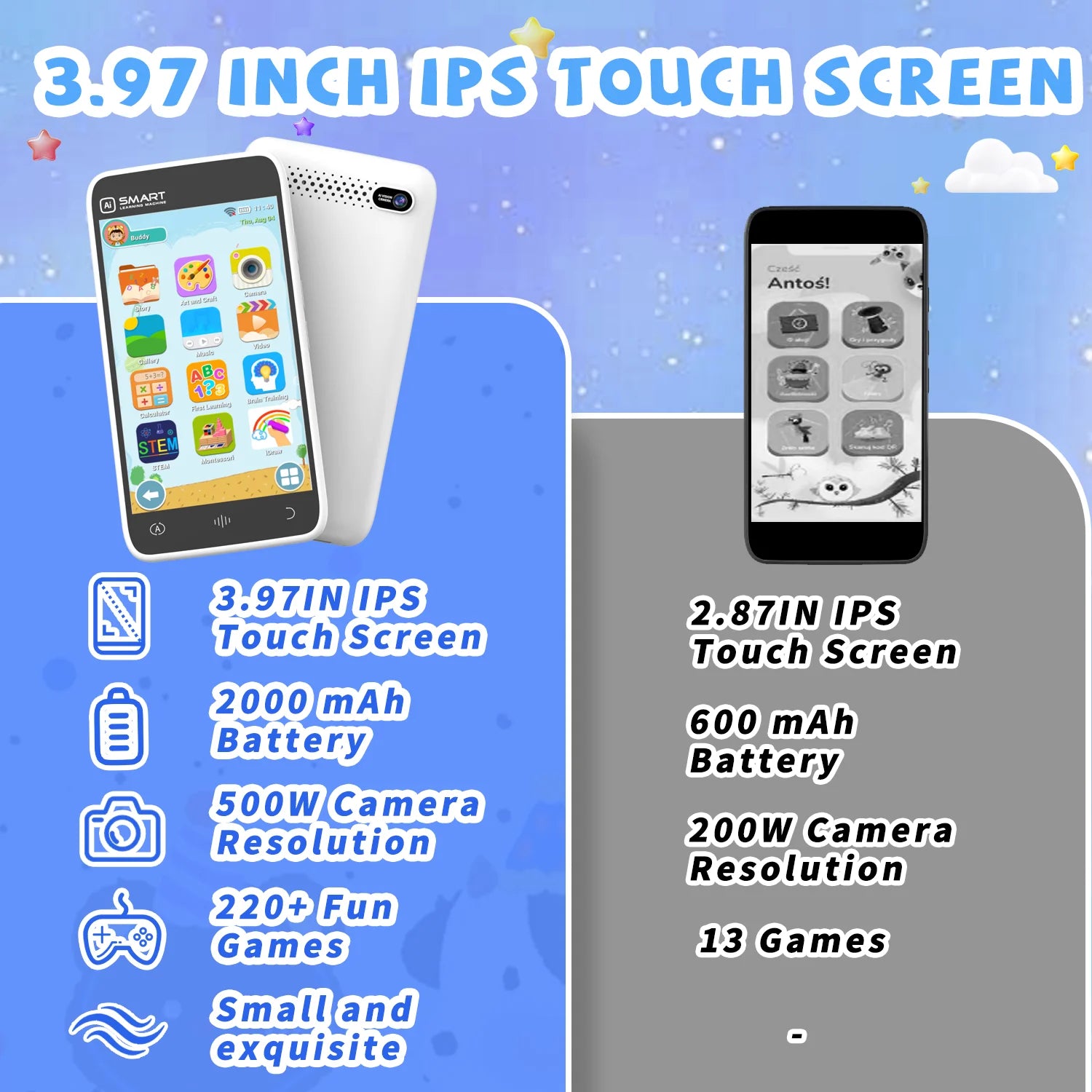 Kids Smart Phone Toy 220+ Educational Games 3.97'' Touch Screen With Dual Camera Brain Train Sleep Story for Child Festive Gifts