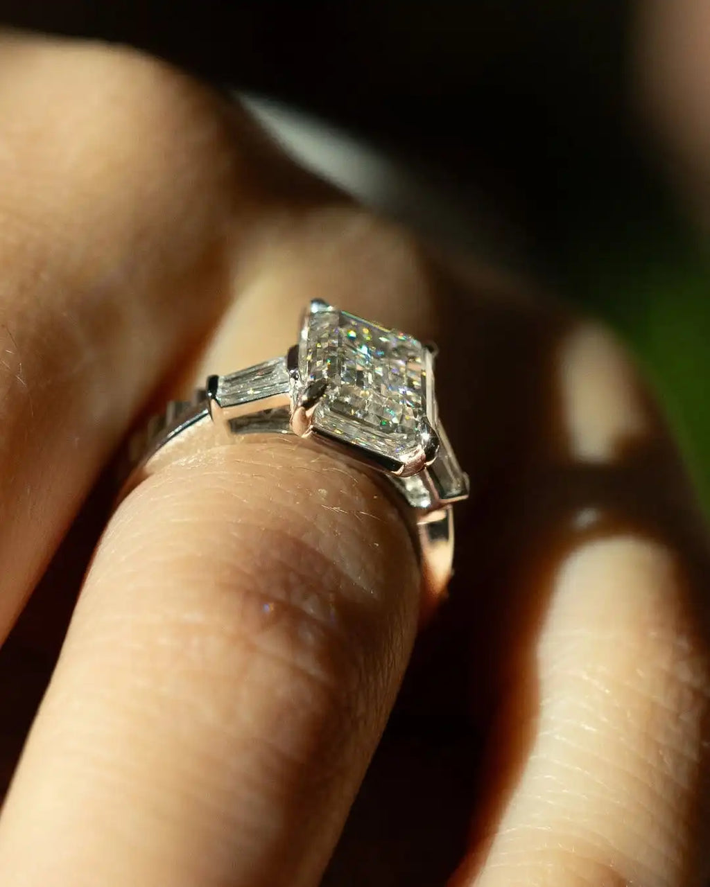 Elegant 12x8 mm Emerald Cut White Moissanite Engagement Ring with Side Baguette Stones | 925 Silver or 10k 14k 18k Gold