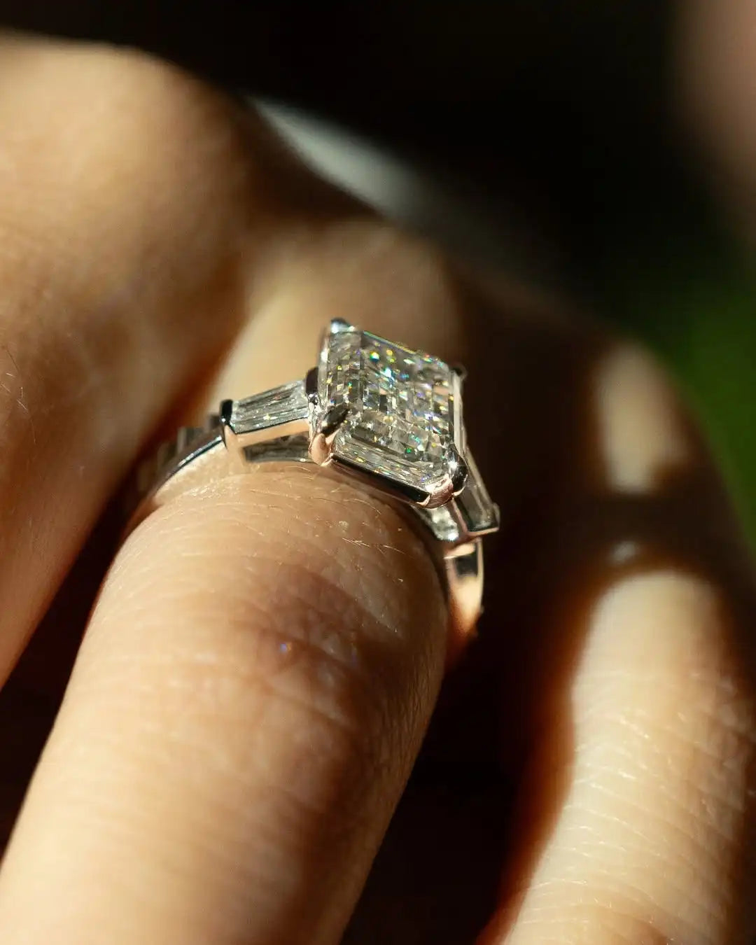 Elegant 12x8 mm Emerald Cut White Moissanite Engagement Ring with Side Baguette Stones | 925 Silver or 10k 14k 18k Gold