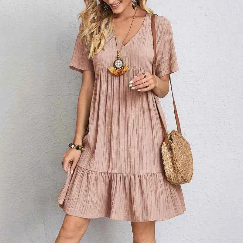 Summer Casual Women Elegant Short Sleeve V Neck Ruffles Dress Solid Loose Mini Dress Chic Bohemian Sundress Beach Party Vestidos