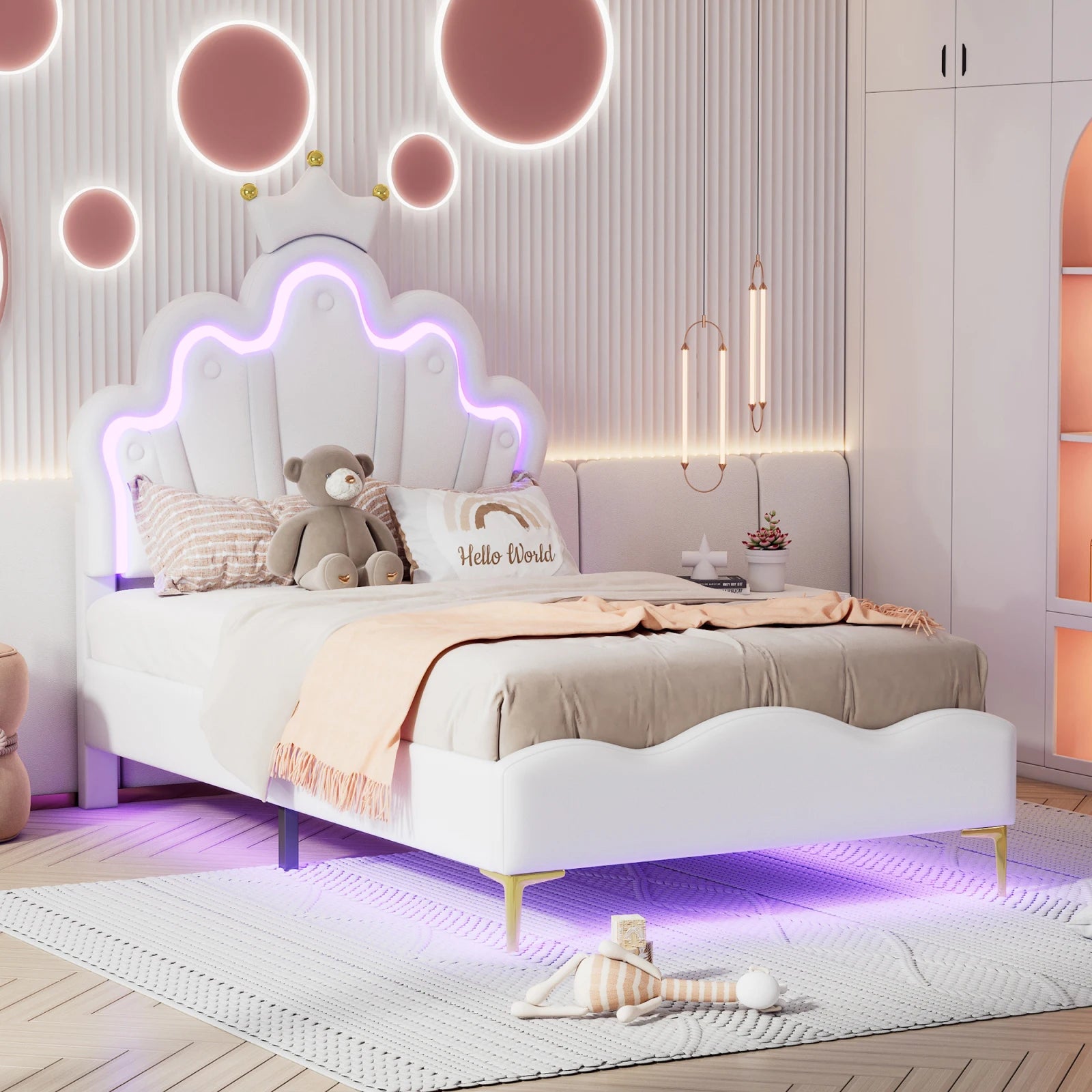Rosahqnda Children's bed girls Single bed Double Bed Children bed Princess Crown Shape bed Adjustable Headboard