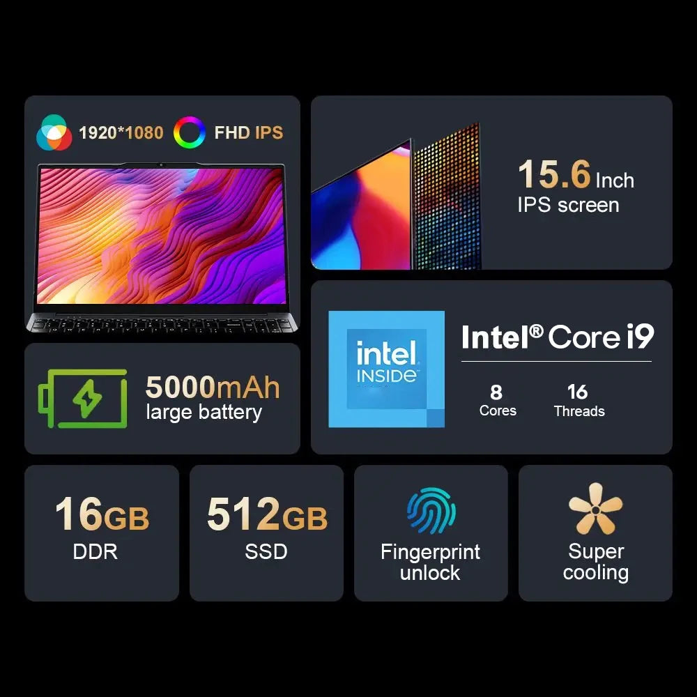 New Windows 11 15.6" Ultra Slim Portable Laptop intel Core i9-9900U 16GB RAM 1TB 2TB SSD Fingerprint Office Gaming Laptop PC