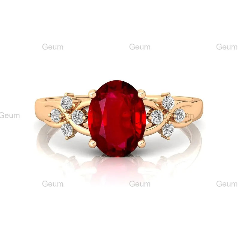 18k Solid Gold July Birthstone Lab Grown Ruby Gemstone Halo Solitaire Rings Real IGI Certified White Diamonds With Lab Ruby Ring