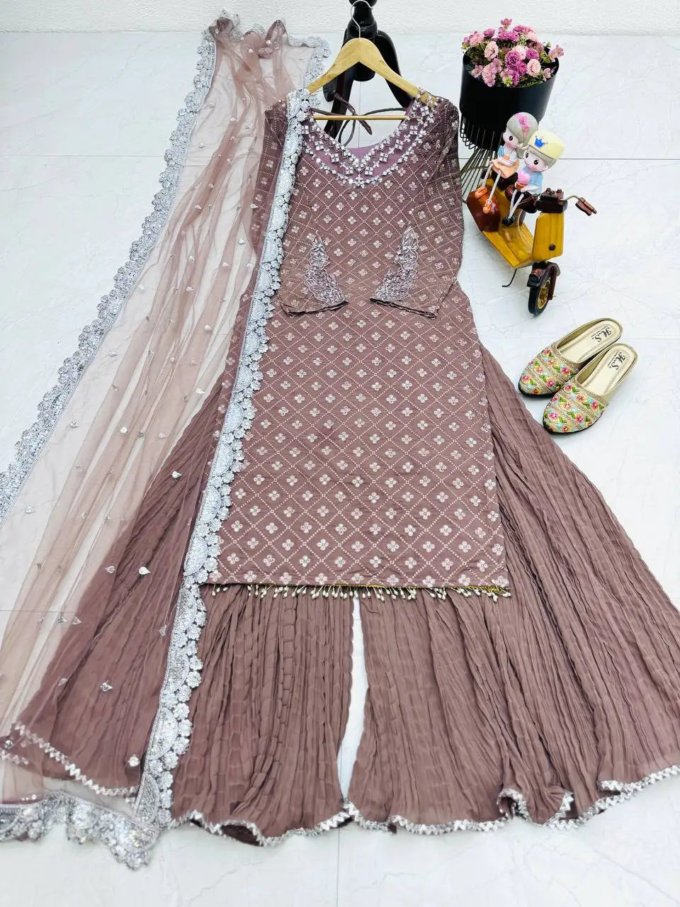 Tennecy Unique Design Silk Salwar Kameez Matching Palazzo Dupatta Set Indian Pakistan Diwali Wedding Parties Wrinkle-Free