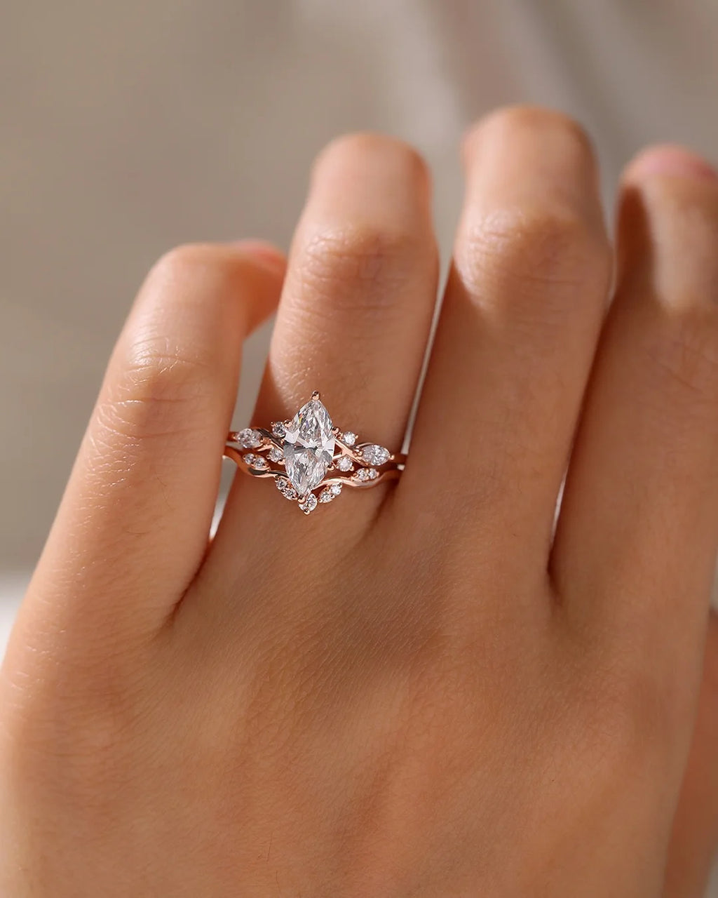 12x6mm Marquise Cut Moissanite Diamond Engagement Ring in Rose Gold | Unique Bridal Wedding Jewelry