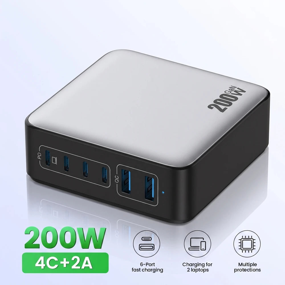 200W GaN USB-C Charger Hub – 6-Port Fast Charging