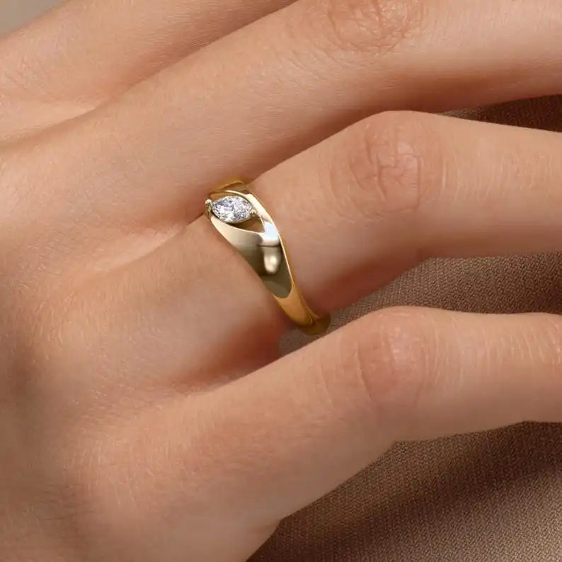 14K Yellow Gold Marquise Cut Lab Grown Diamond Bypass Ring Cute Wedding Engagement Anniversary Fine Jewelry Handmade