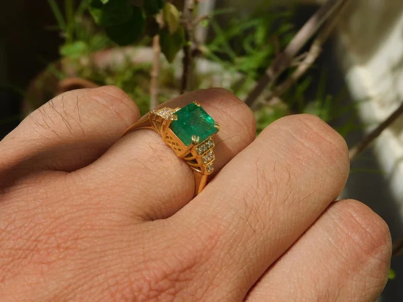14K Yellow Gold Delicate Stacking Fine Ring Vintage Wedding Anniversary & Engagement Band with Full Eternity Cut Emerald