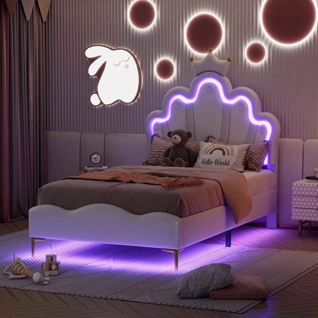 Rosahqnda Children's bed girls Single bed Double Bed Children bed Princess Crown Shape bed Adjustable Headboard