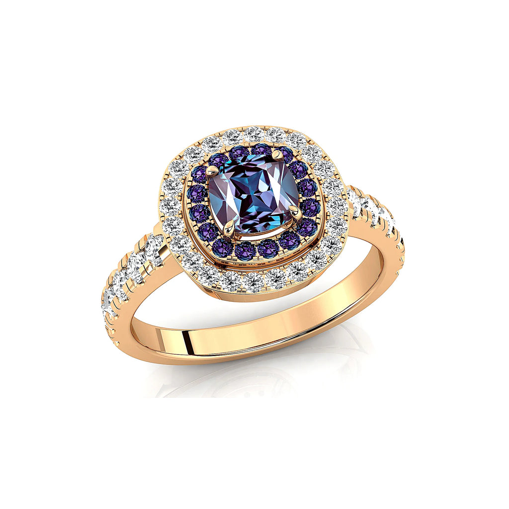 18k Solid Gold Handmade Rings Cushion Cut Lab Grown Alexandrite Gemstone and Real Diamonds Wedding Rhodium Plated Halo Ring