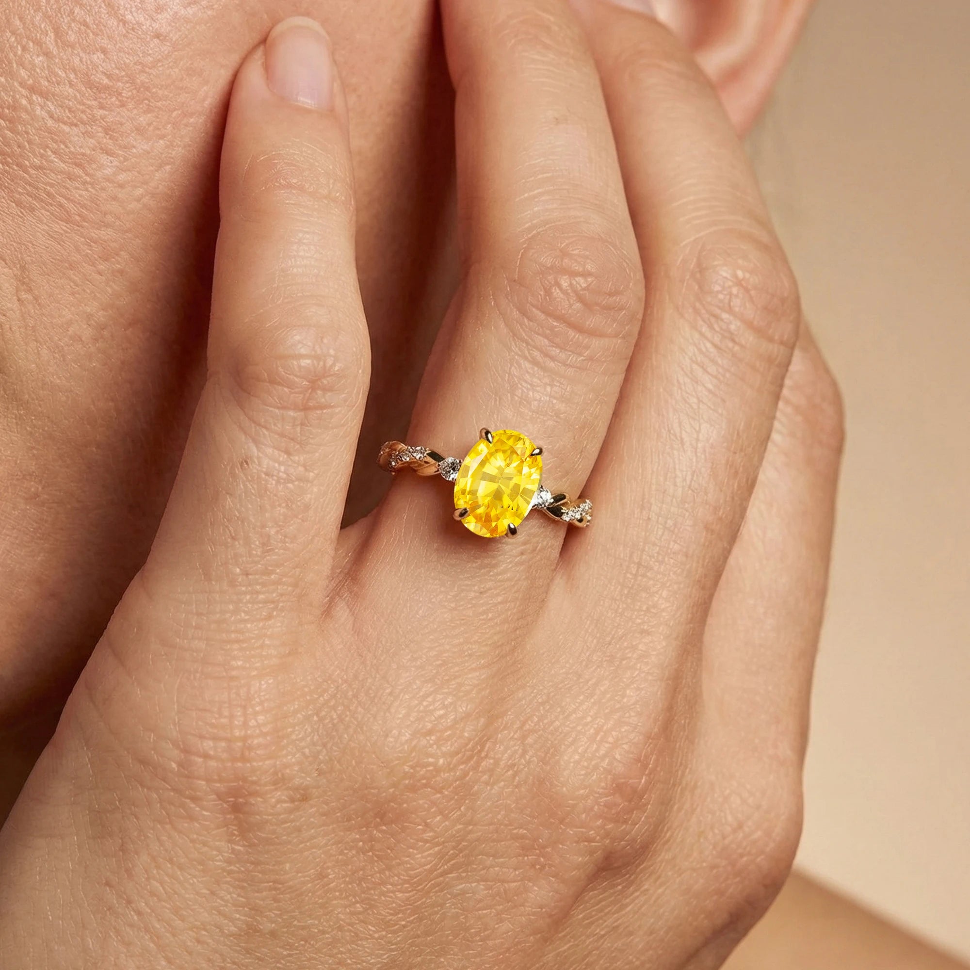 18k Solid Gold Lab Grown Yellow Sapphire Gemstone & Real Diamonds Ring Fine Jewelry Classic Wedding Engagement Ring OEM