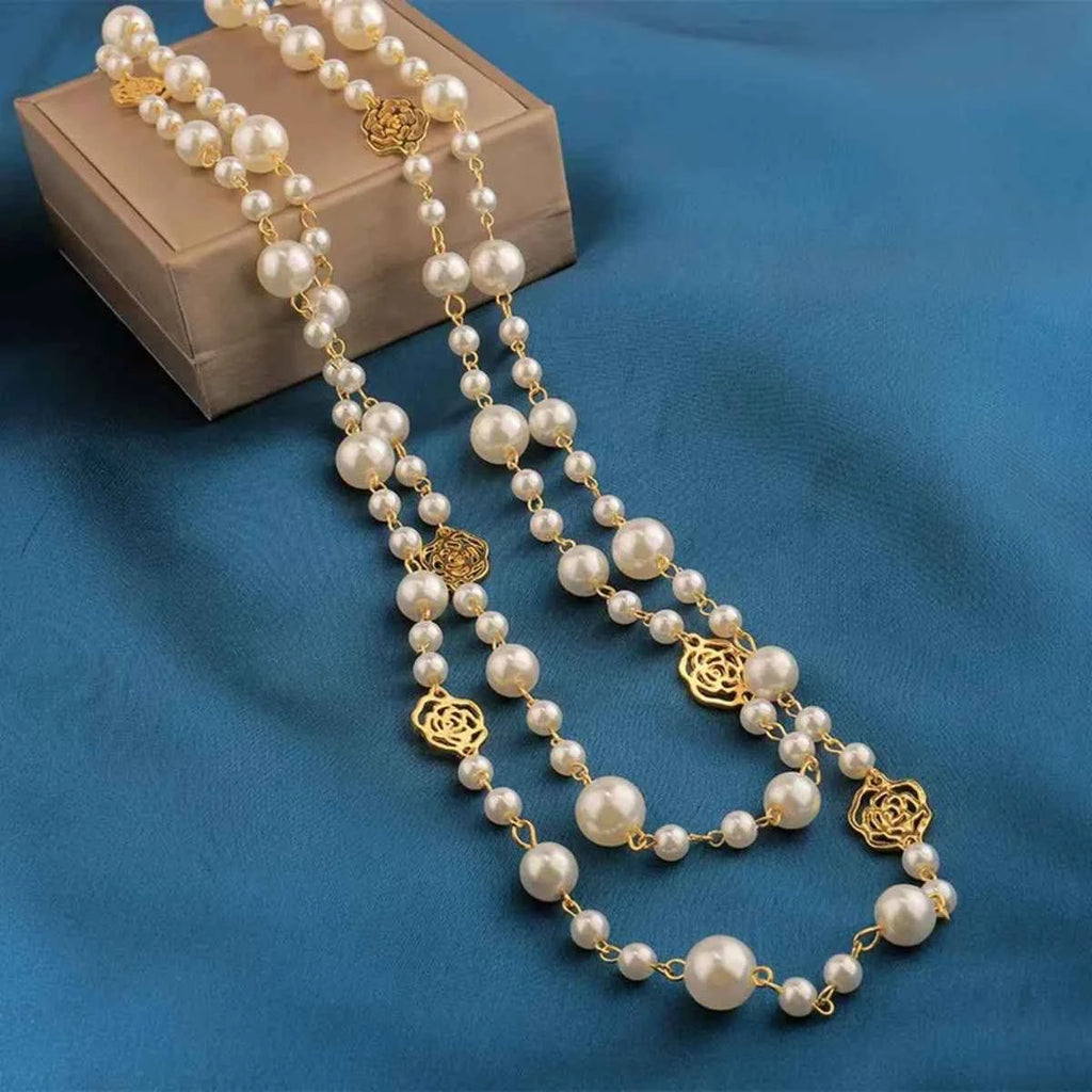 Vintage Lady Camellia Pearls Flower Long Necklace Chain Elegant Double Layers Fashion Jewelry For Women Party Collares de moda