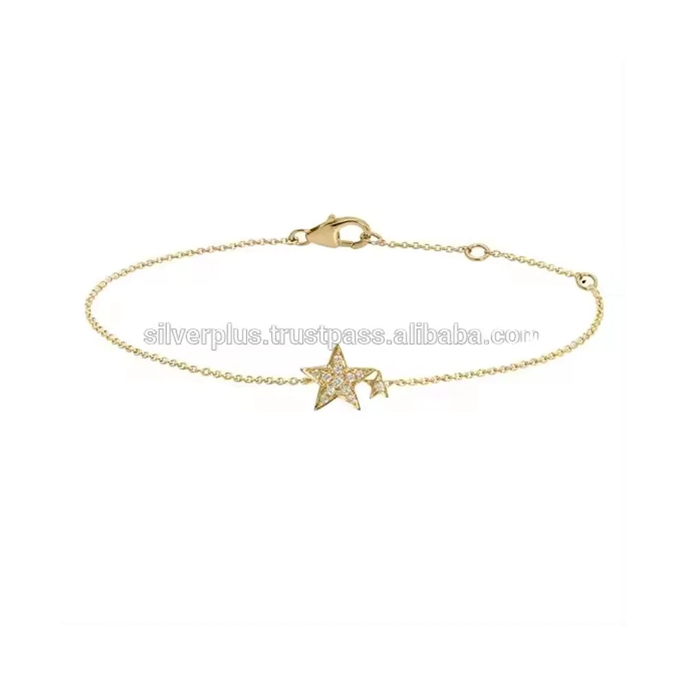Solid 14K Yellow Gold SI Clarity G-H Color Diamond Star Charm Chain Bracelet Genuine Gold Jewelry Wholesale