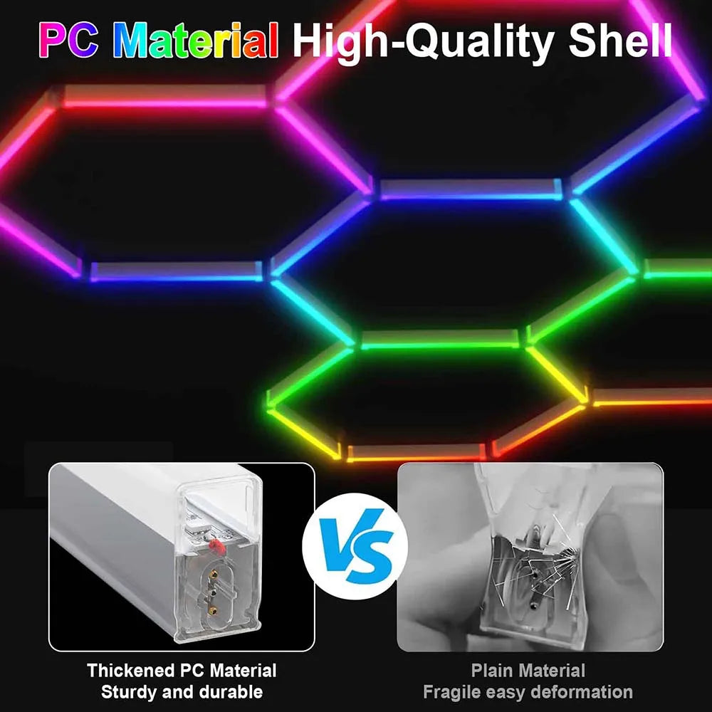 Smart hexagonal honeycomb RGB ambient tube light DIY modular splicing plug and play color lamp 85V-265V phone APP & remote control support timing shutdown music sync mode brightness and color adjustable, ideal for gaming room