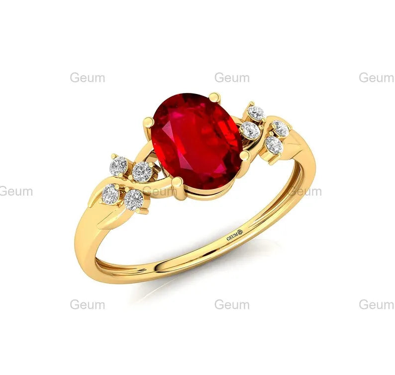 18k Solid Gold July Birthstone Lab Grown Ruby Gemstone Halo Solitaire Rings Real IGI Certified White Diamonds With Lab Ruby Ring