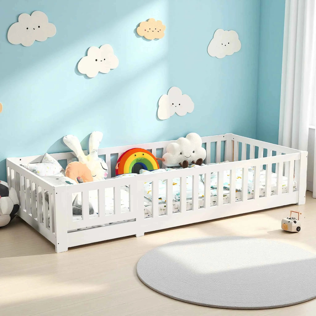 Children's Bed 90x200 cm, Children's Bed with Guardrail and Slatted Base, Montessori Bed, Solid Pine Wood Floor Bed for Children and Babies