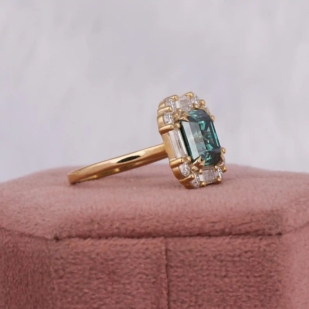 2.00 CT Green Asscher Baguette Cut Engagement Ring Lab grown Diamond Halo 14K Gold Prong Setting Trendy Wedding Gift for Women