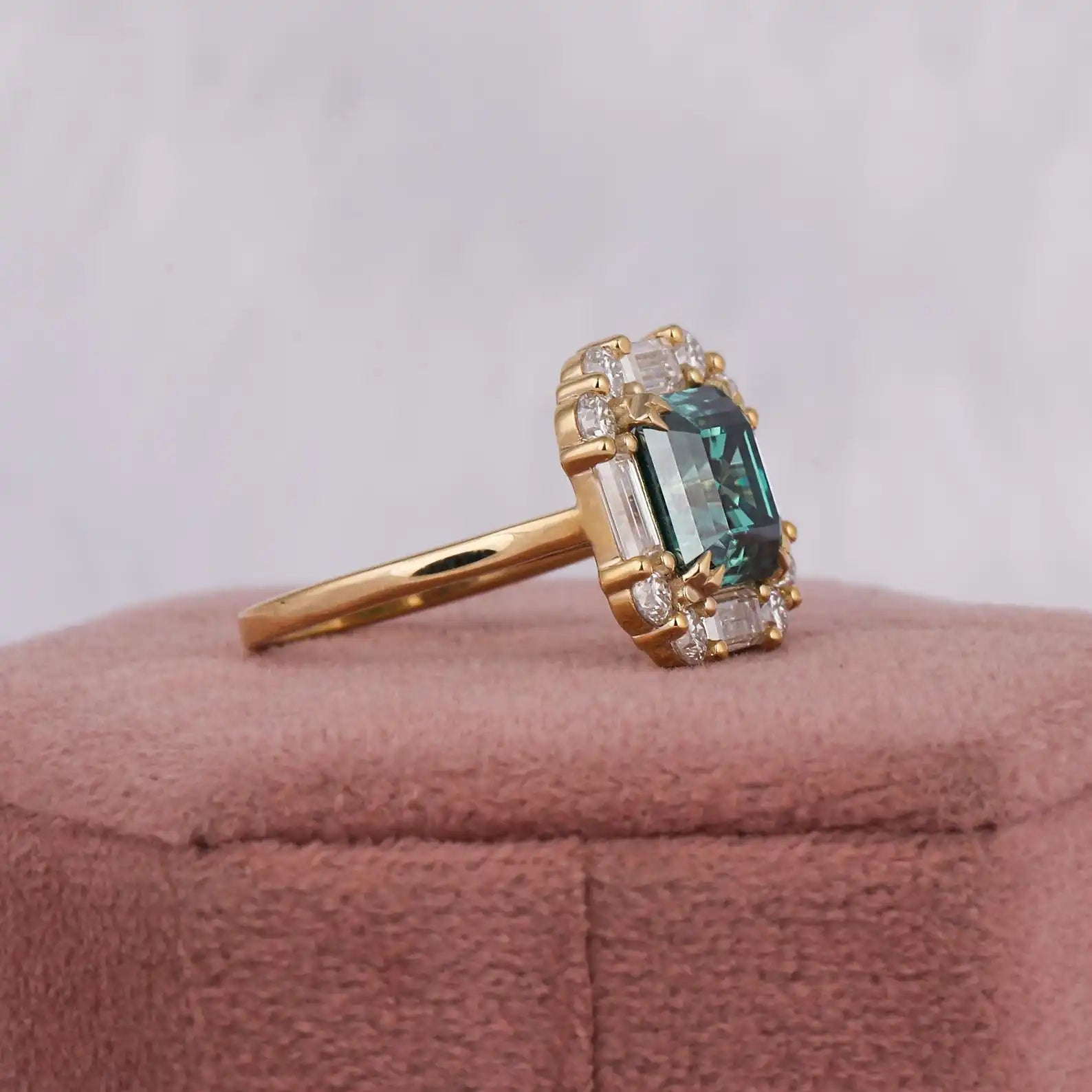 2.00 CT Green Asscher Baguette Cut Engagement Ring Lab grown Diamond Halo 14K Gold Prong Setting Trendy Wedding Gift for Women
