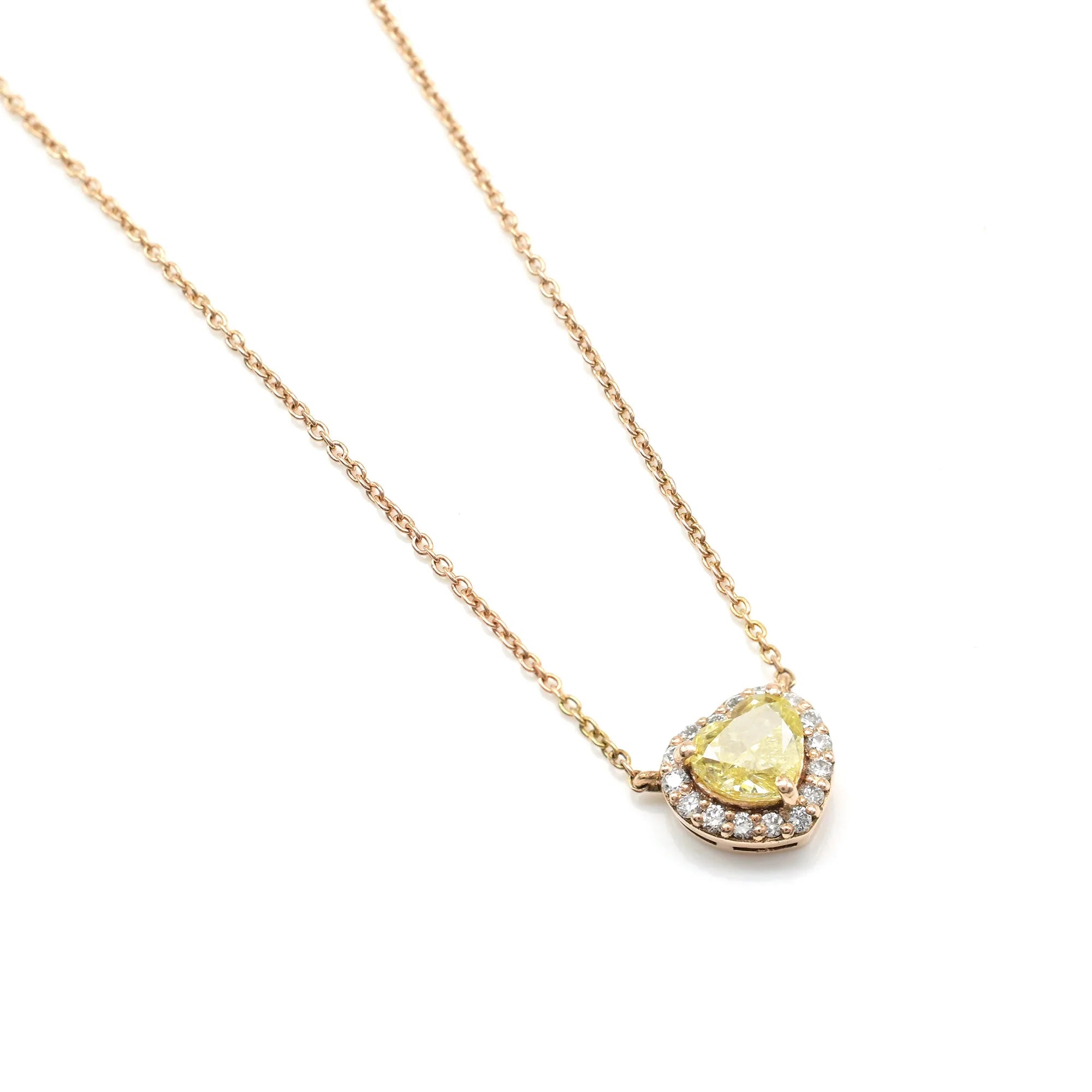 Ready To Ship 14k Rose Gold Heart Halo Engagement Necklace 0.71 CT Heart Cut Yellow Adjustable Necklace IGI Certified Jewelry