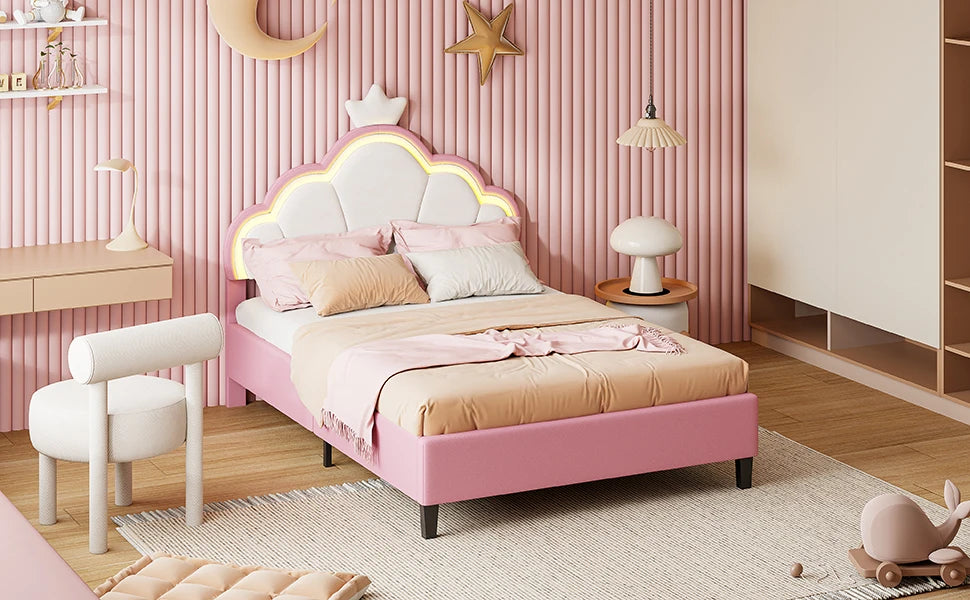 Children's bed 90x200 cm, Princess Crown-shaped bed with Adjustable bed Head, Girl bed with LED, Single bed, Pink