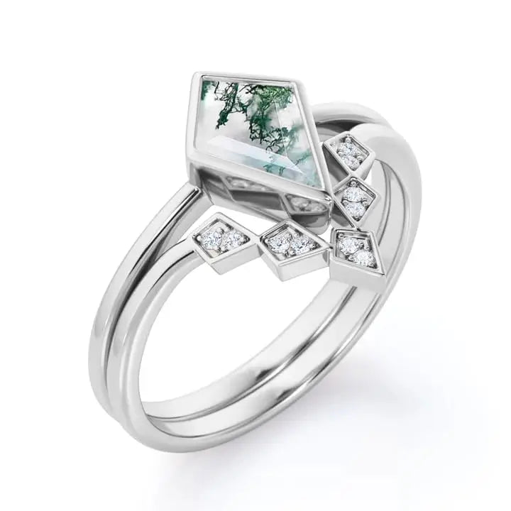 925 Sterling Silver Handmade Geometric Kite Moss Agate 10x7mm Luxury Ring Unique Engagement Wedding Anniversary Promise Jewelry