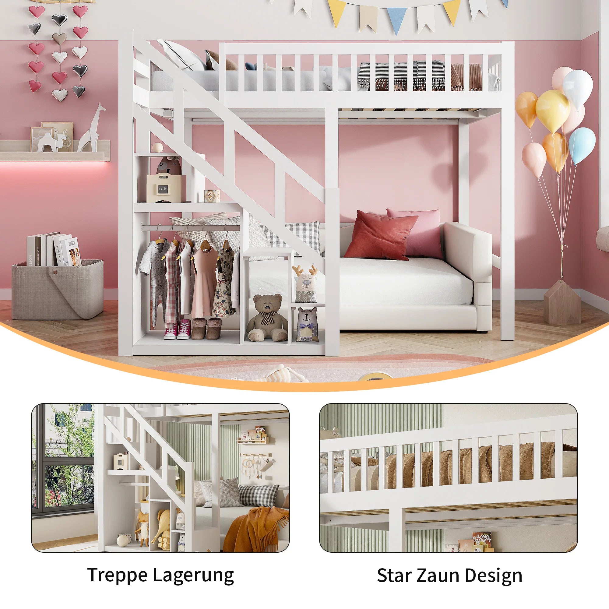 Rosahqnda children's high bed 90x200 cm 140x200 cm, children's bed with crash protection, stair, storage space, bunk bed, solid wood