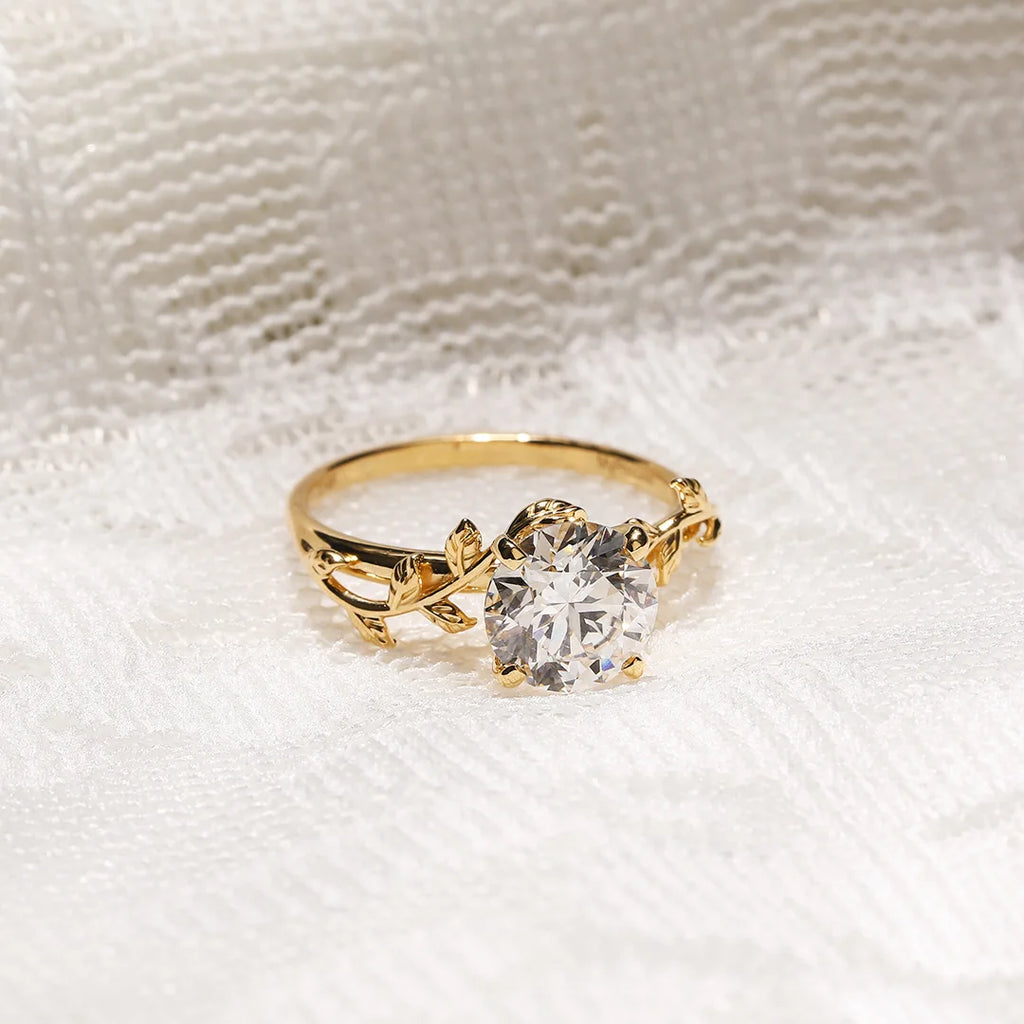 10mm Round Cut Moissanite Engagement Ring | Leaf Vine Design Solitaire | Gold or Silver Bridal Wedding Fine Jewelry OEM
