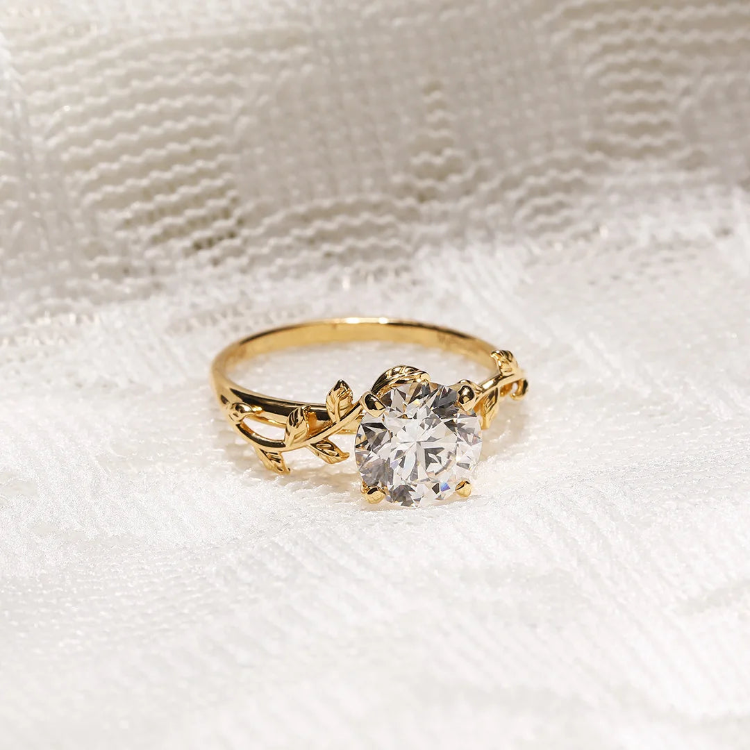 10mm Round Cut Moissanite Engagement Ring | Leaf Vine Design Solitaire | Gold or Silver Bridal Wedding Fine Jewelry OEM