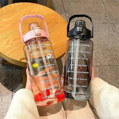1pack 2L Water Bottle with Time Marker, Leak Proof, Non-Slip, Plastic Portable Travel Water Bottle Fitness Cup With Cute Stickes