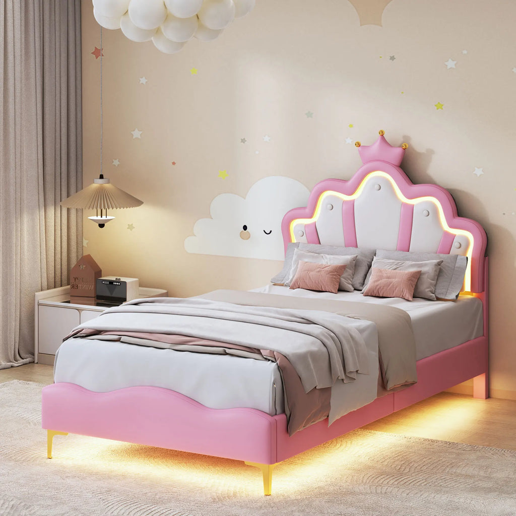 Rosahqnda Children's bed girls Single bed Double Bed Children bed Princess Crown Shape bed Adjustable Headboard