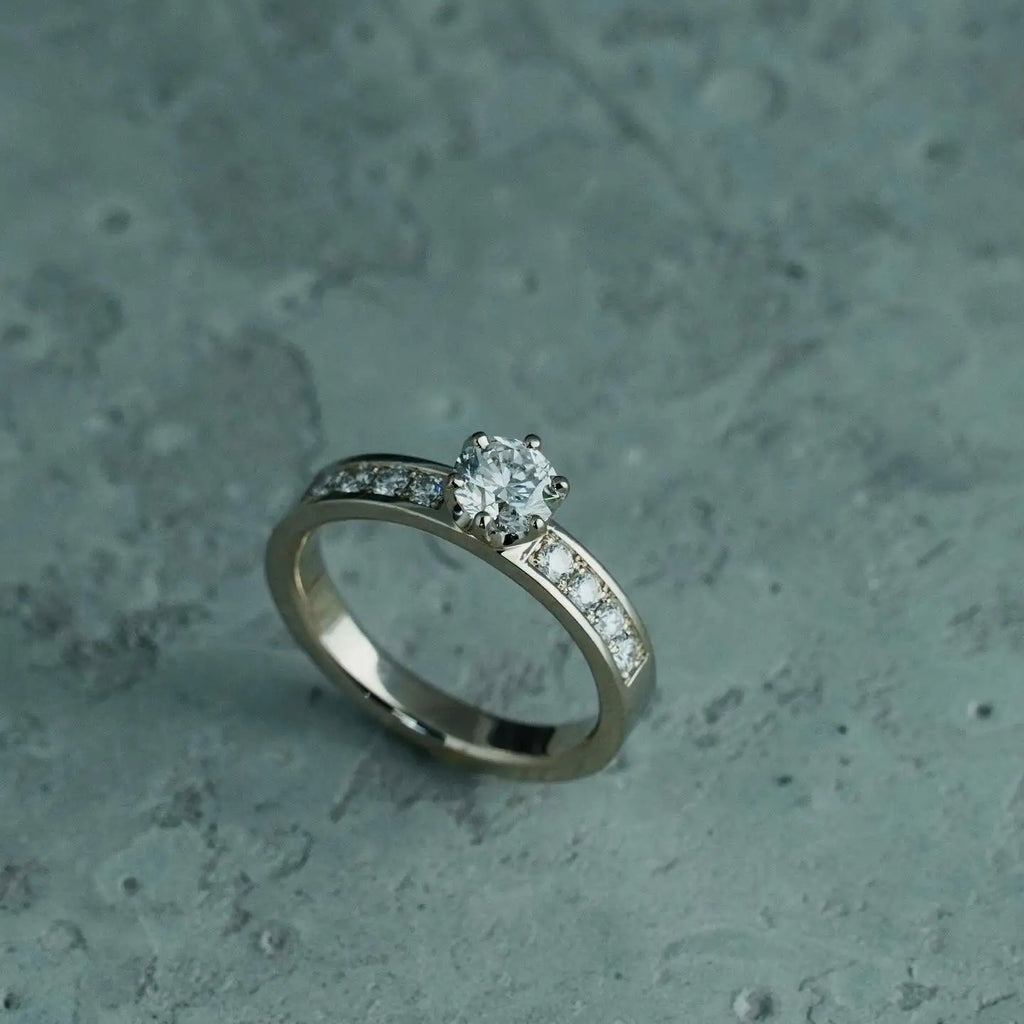6mm Round Cut Moissanite Engagement Ring | Solitaire with Pave Side Stones | Gold or Silver Bridal Wedding Fine Jewelry OEM