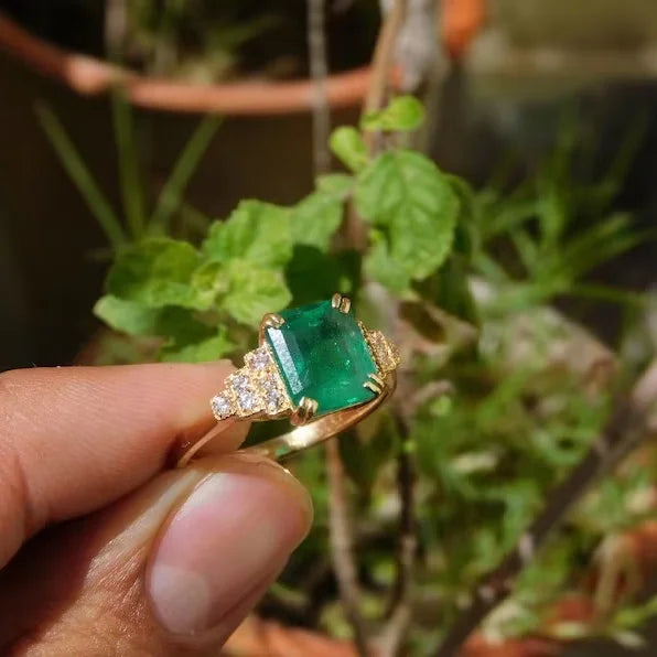 14K Yellow Gold Delicate Stacking Fine Ring Vintage Wedding Anniversary & Engagement Band with Full Eternity Cut Emerald