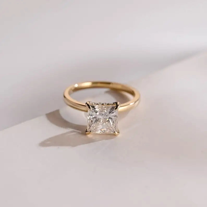 Princess Cut 1.00CT Lab Grown Diamond Hidden Halo Proposal Ring 10K Yellow Gold with Promise Bridal Anniversary Gift for Bridle