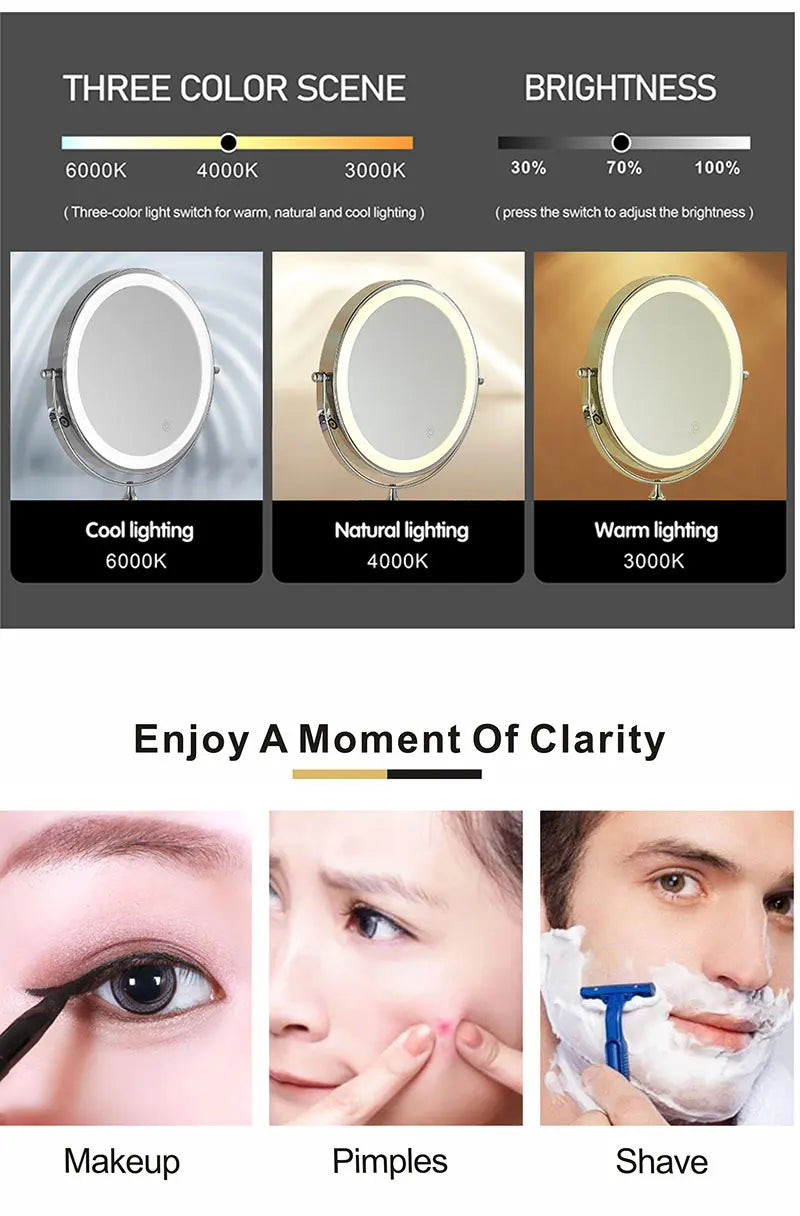 8 Inch Makeup Mirror Gold 3x/5x/7x/10x Magnifying Double Side USB Charging Bathroom 3 Color Light Cosmetic Mirrors