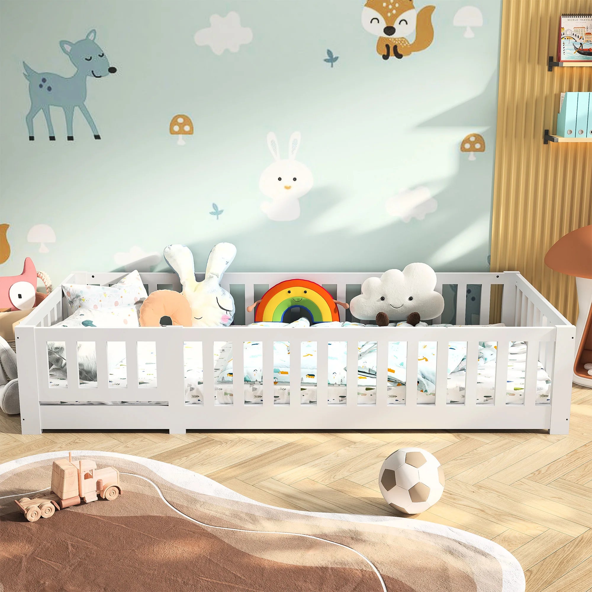 Children's Bed 90x200 cm, Children's Bed with Guardrail and Slatted Base, Montessori Bed, Solid Pine Wood Floor Bed for Children and Babies